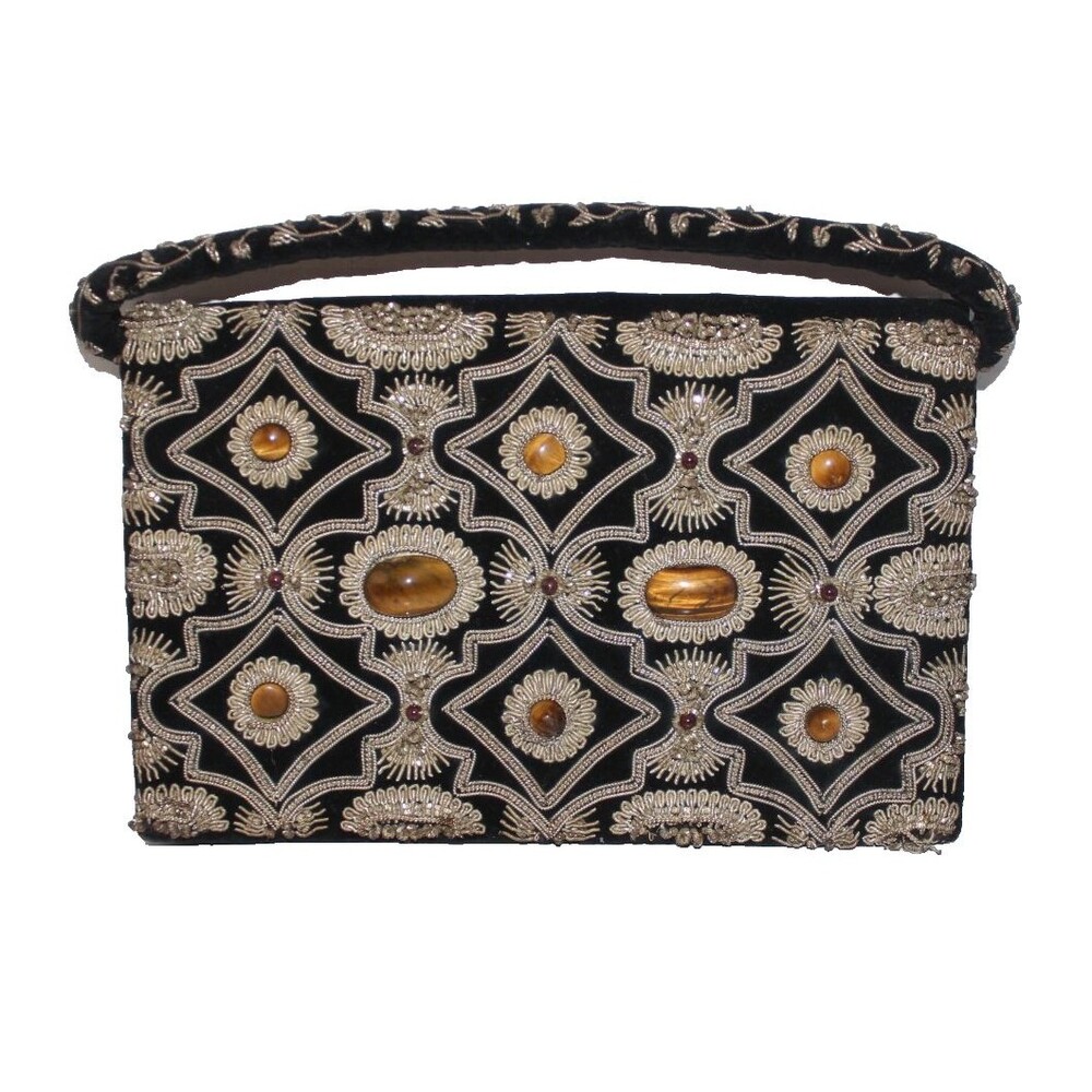 Vintage Black Velvet Zardozi Goldwork Clutch w/Semi  Precious Gems 1973 India